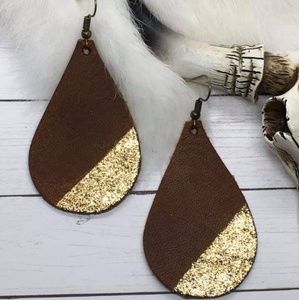 Genuine Leather Earrings-Brown Gold Dipped